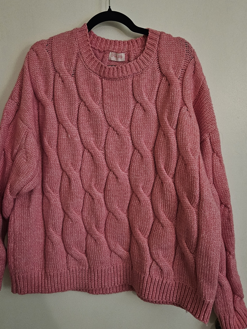 Pink Lily Rose Pink Cable-Knit Crew Sweater